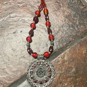 Red and Silver | Necklace | With large/bulky medallion | Condition: Great!!!